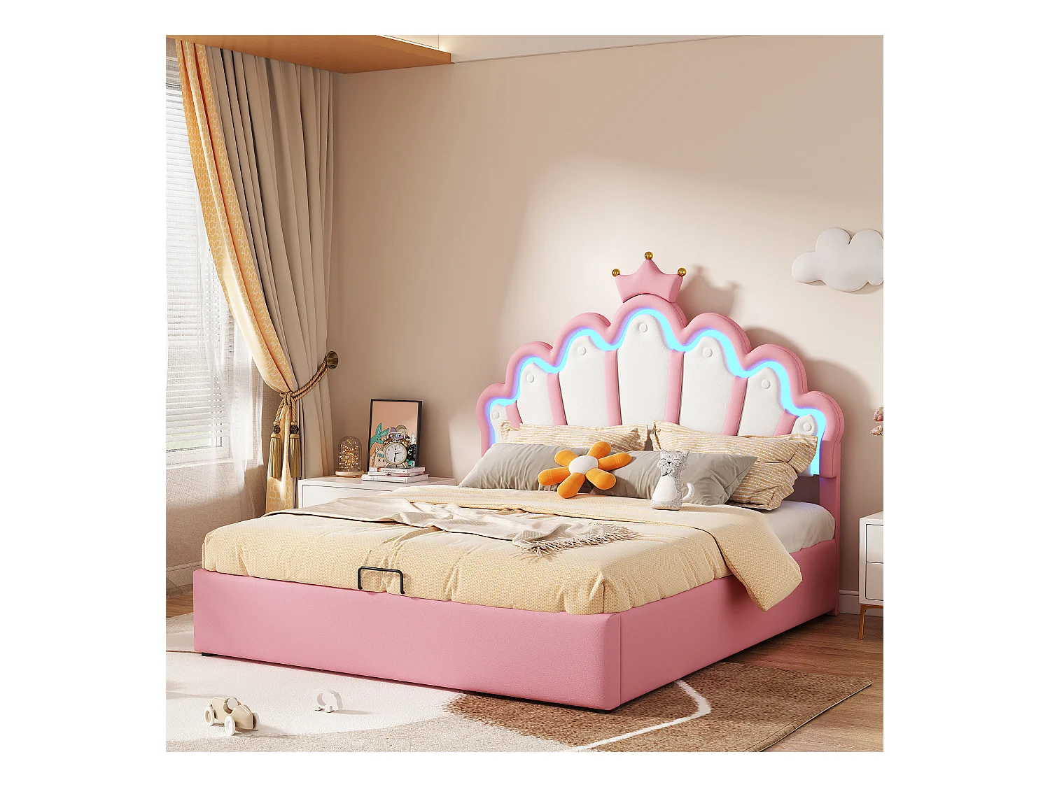 Cama plana 140x200 cm, cama tapizada, cama princesa con iluminación LED regulable, corona decorativa, PU, rosa (203x140x131 cm)