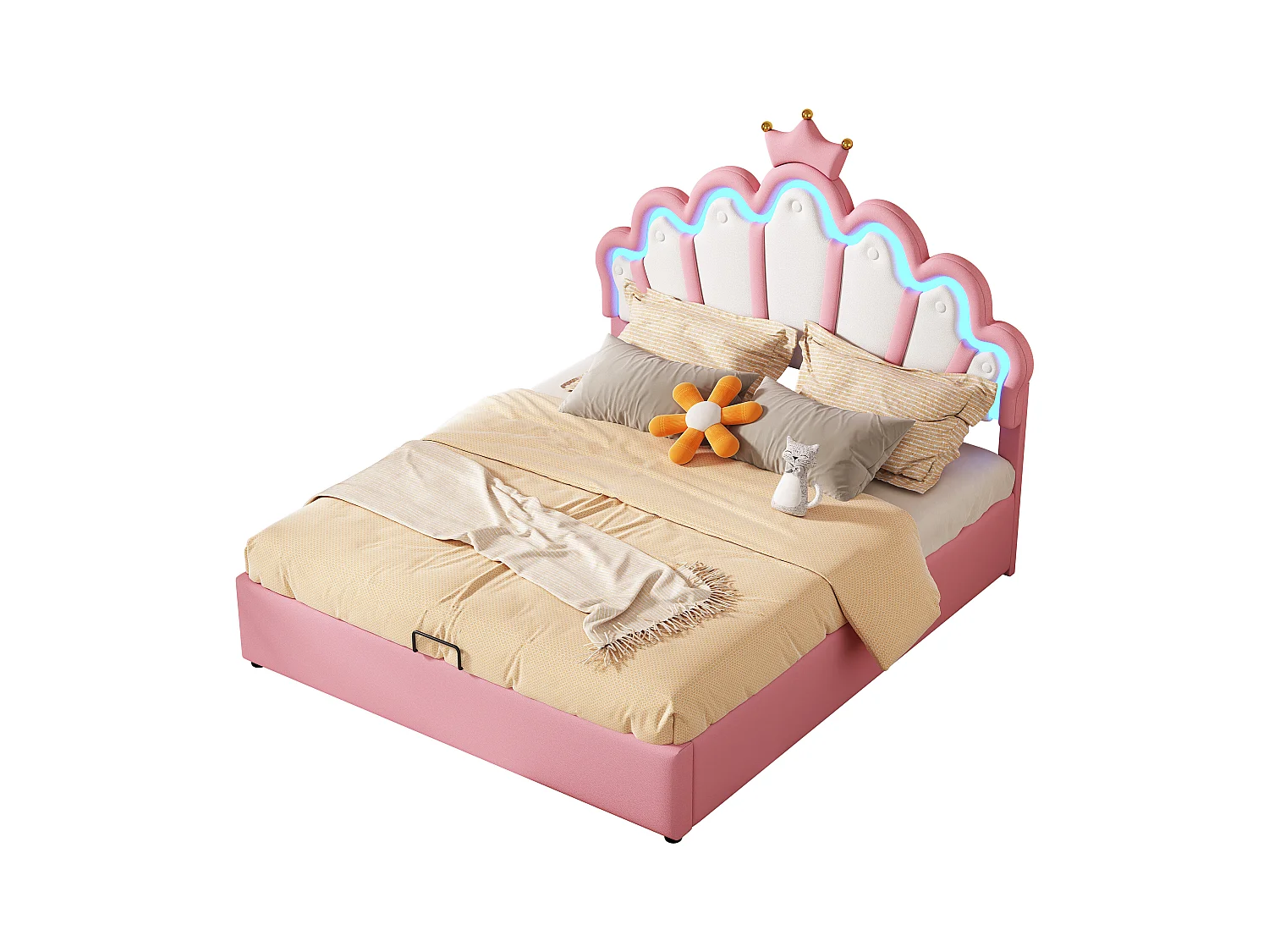 Cama plana 140x200 cm, cama tapizada, cama princesa con iluminación LED regulable, corona decorativa, PU, rosa (203x140x131 cm)