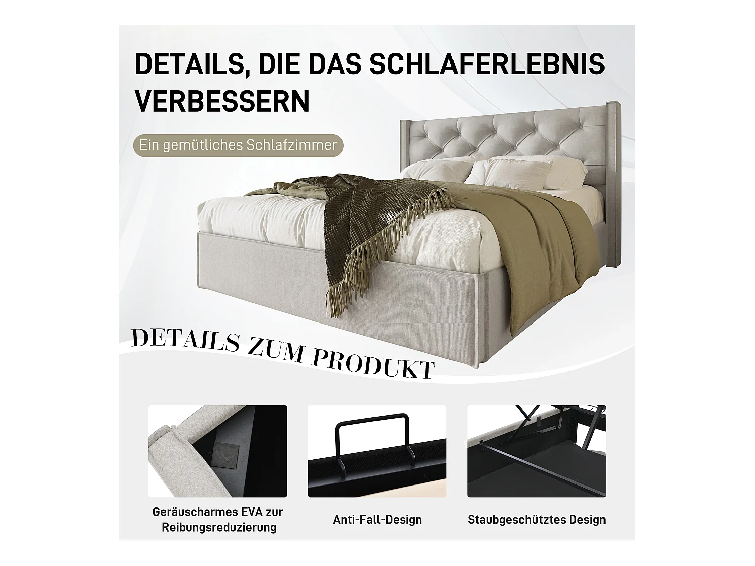 Lit double avec rangement hydraulique, cadre moderne en coton gris clair (140x151x110cm)