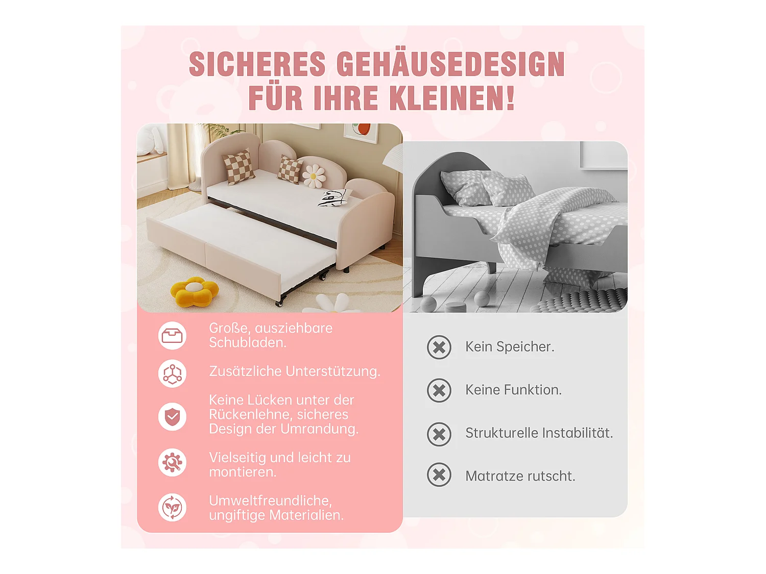 Lit pour enfant avec rangement, design floral, velours, 90x200 cm (207.5x98.5x82.9 cm)