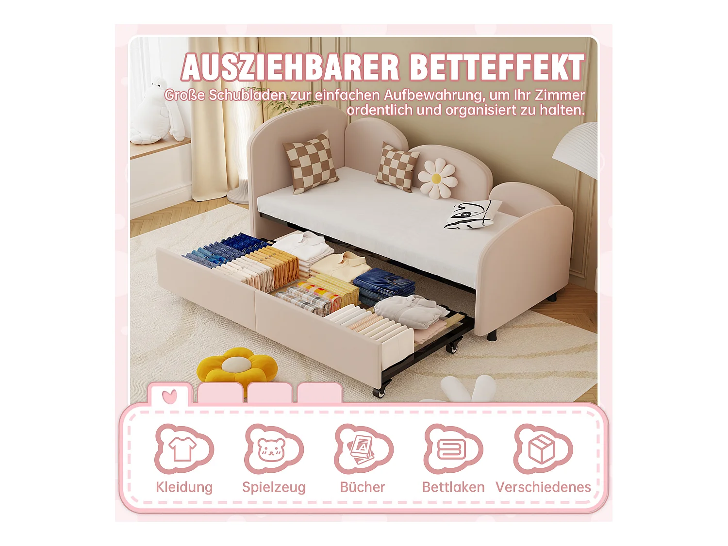 Lit pour enfant avec rangement, design floral, velours, 90x200 cm (207.5x98.5x82.9 cm)