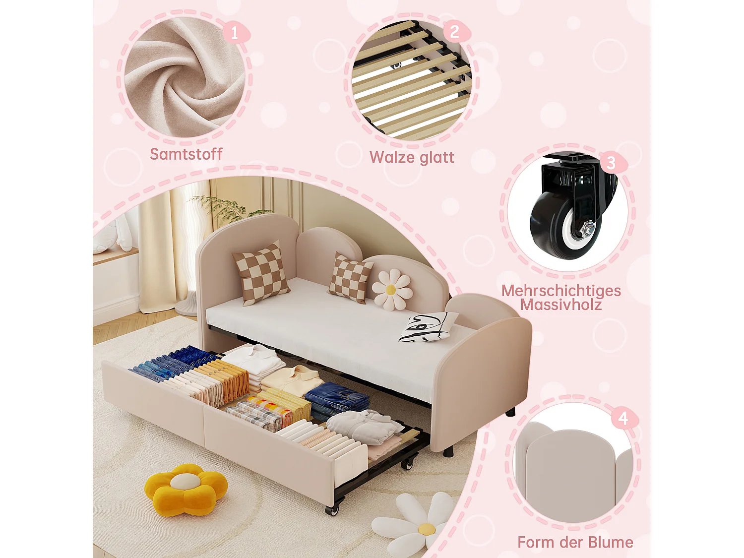 Lit pour enfant avec rangement, design floral, velours, 90x200 cm (207.5x98.5x82.9 cm)