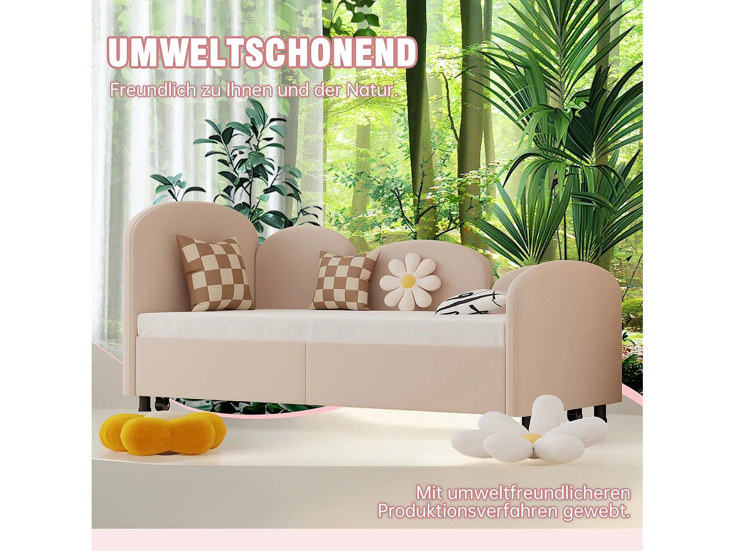 Lit pour enfant avec rangement, design floral, velours, 90x200 cm (207.5x98.5x82.9 cm)