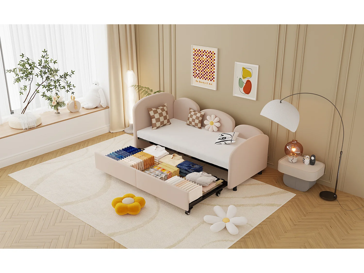 Lit pour enfant avec rangement, design floral, velours, 90x200 cm (207.5x98.5x82.9 cm)