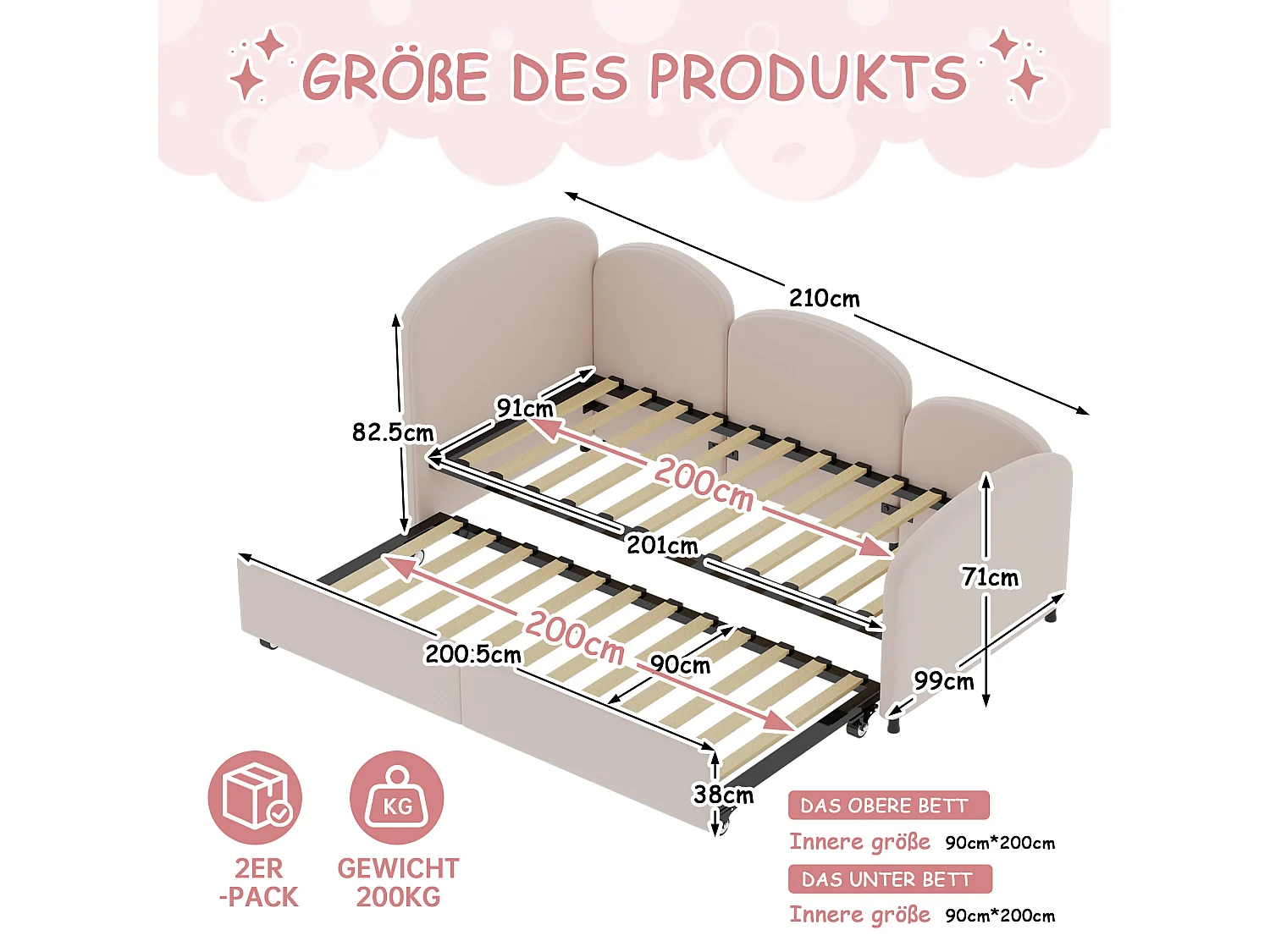 Lit pour enfant avec rangement, design floral, velours, 90x200 cm (207.5x98.5x82.9 cm)