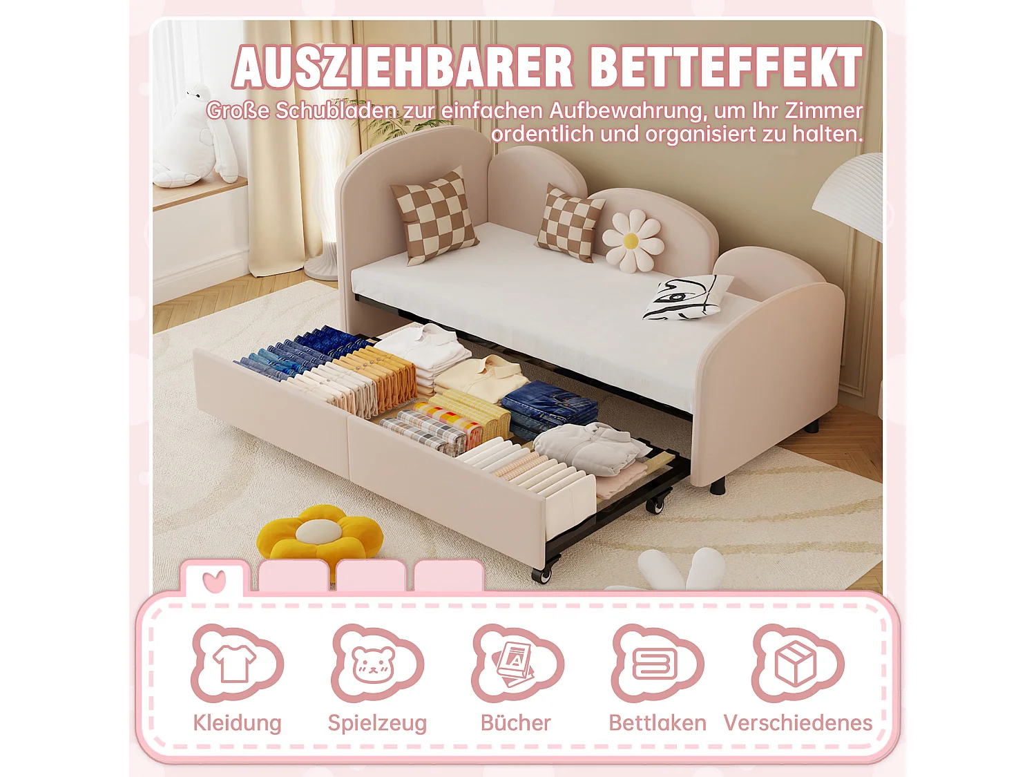 Lit pour enfant avec rangement, design floral, velours, 90x200 cm (207.5x98.5x82.9 cm)