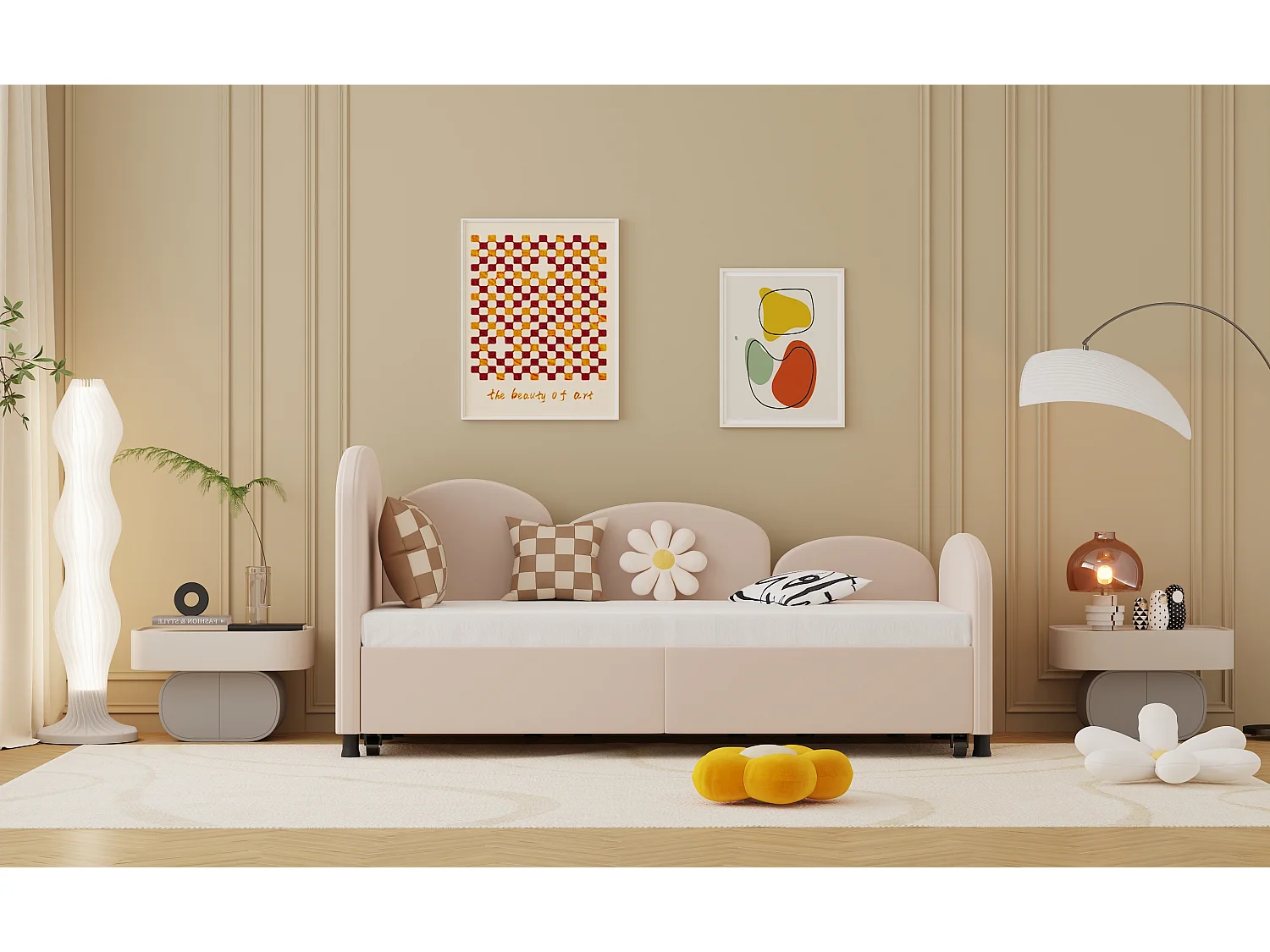 Lit pour enfant avec rangement, design floral, velours, 90x200 cm (207.5x98.5x82.9 cm)