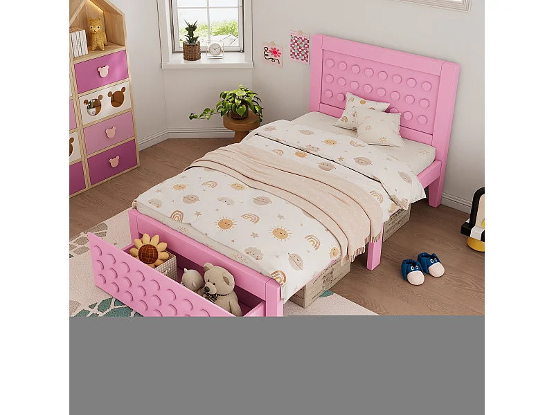 Kinderbed 90x190 cm, massief houten frame, lattenbodem, lades en opbergruimte onder het bed, roze (90x190 cm)