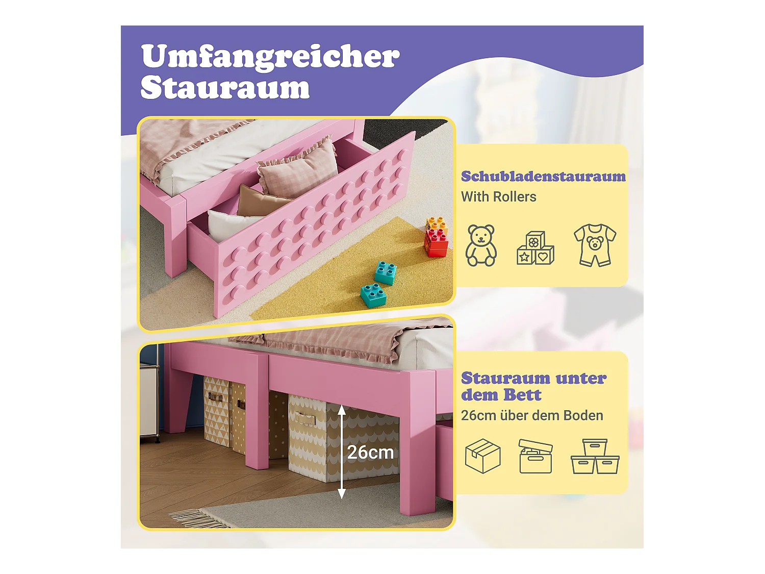 Kinderbed 90x190 cm, massief houten frame, lattenbodem, lades en opbergruimte onder het bed, roze (90x190 cm)