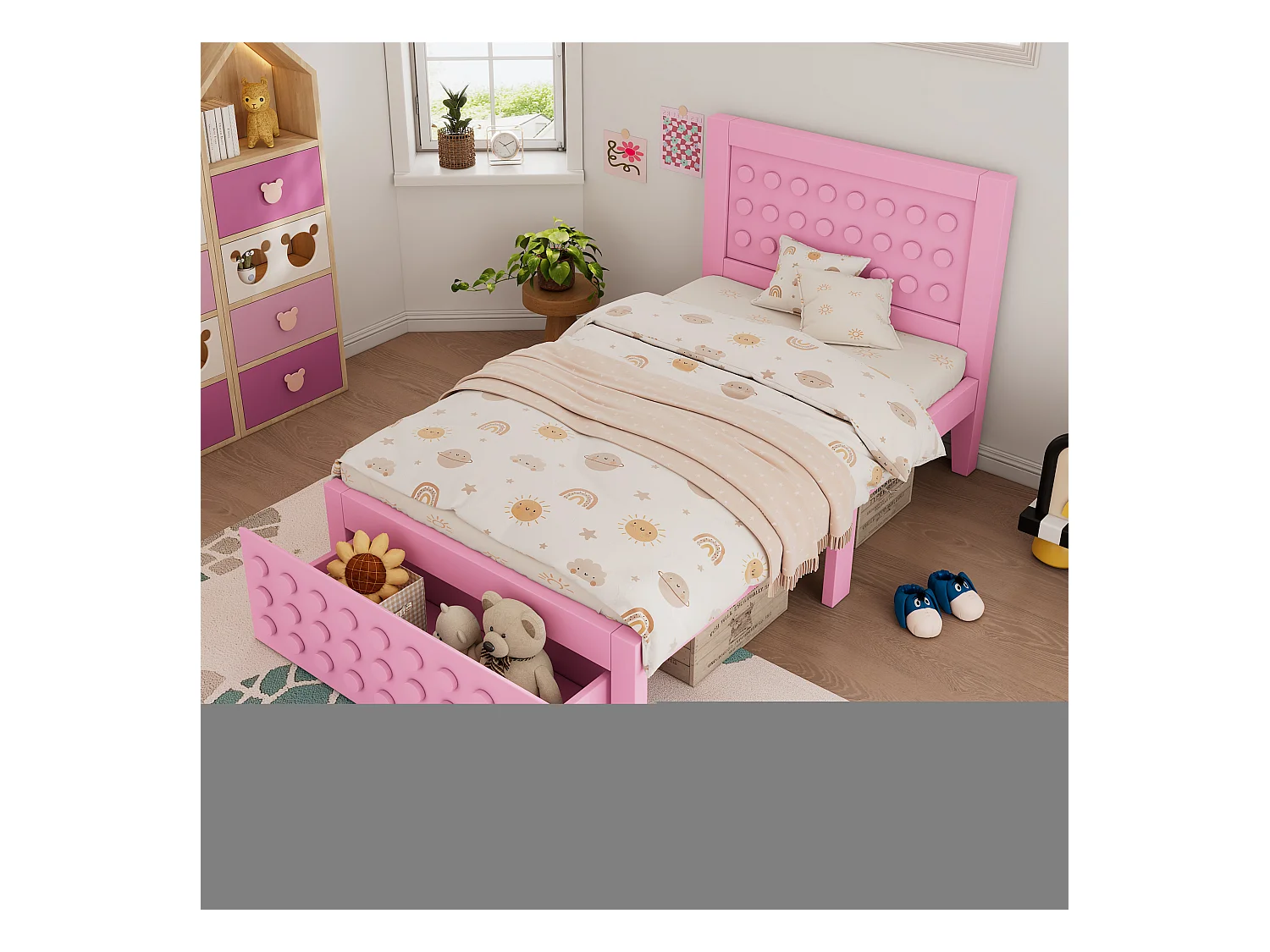 Lit Enfant 90x190 cm, structure bois massif, sommier à lattes, tiroirs et rangement sous le lit, rose (90x190 cm)