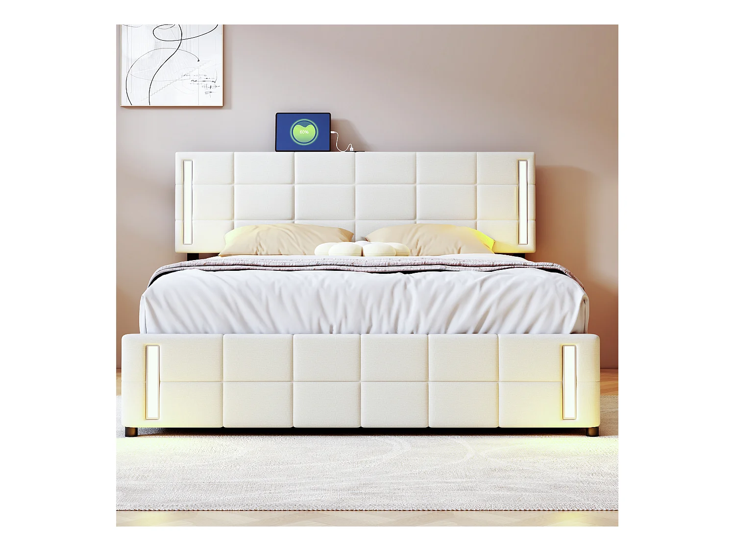 Lit enfant 140x200 cm avec LED, 4 tiroirs de rangement, en lin beige (216x150x116 cm)