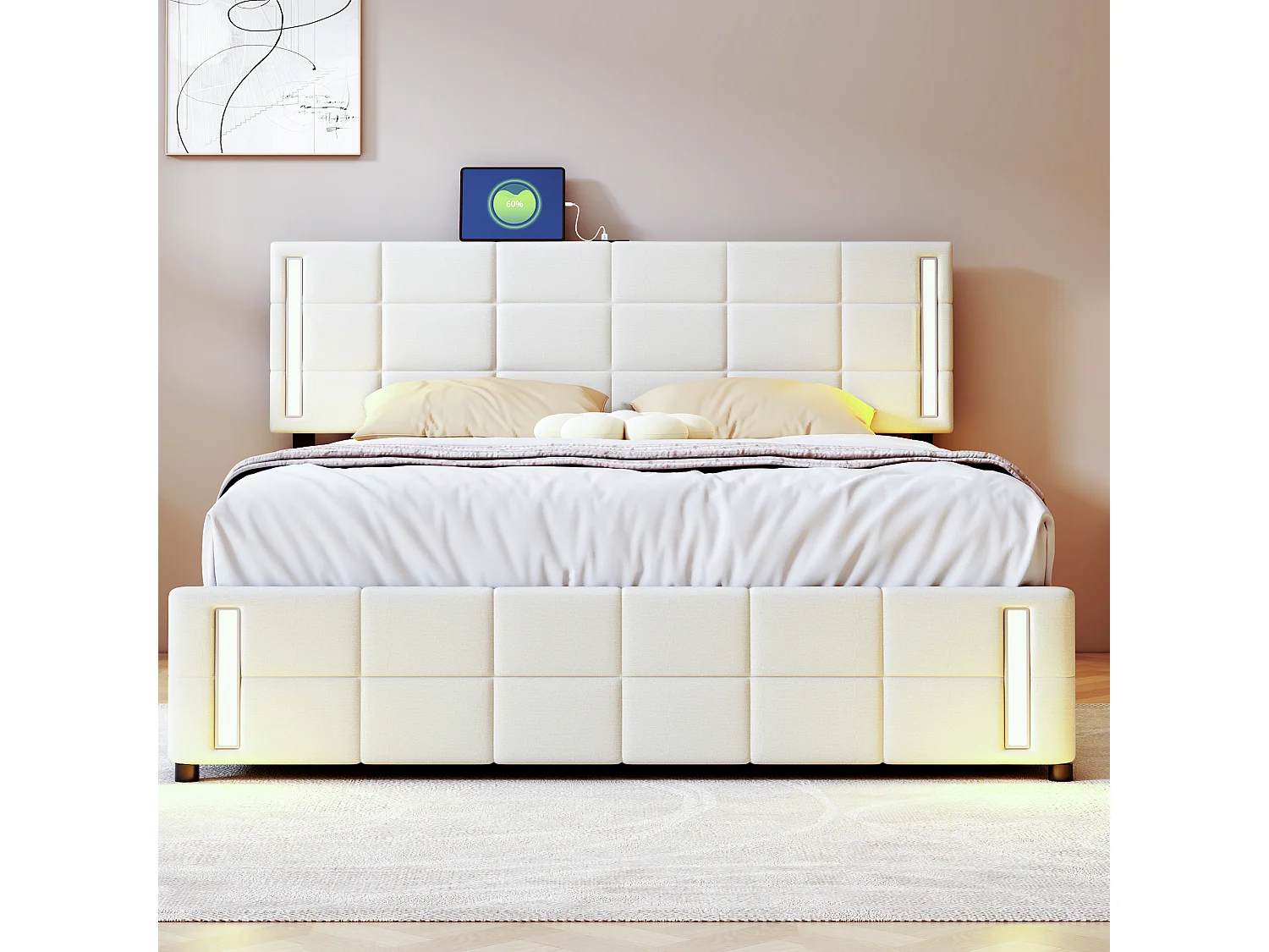 Lit enfant 140x200 cm avec LED, 4 tiroirs de rangement, en lin beige (216x150x116 cm)
