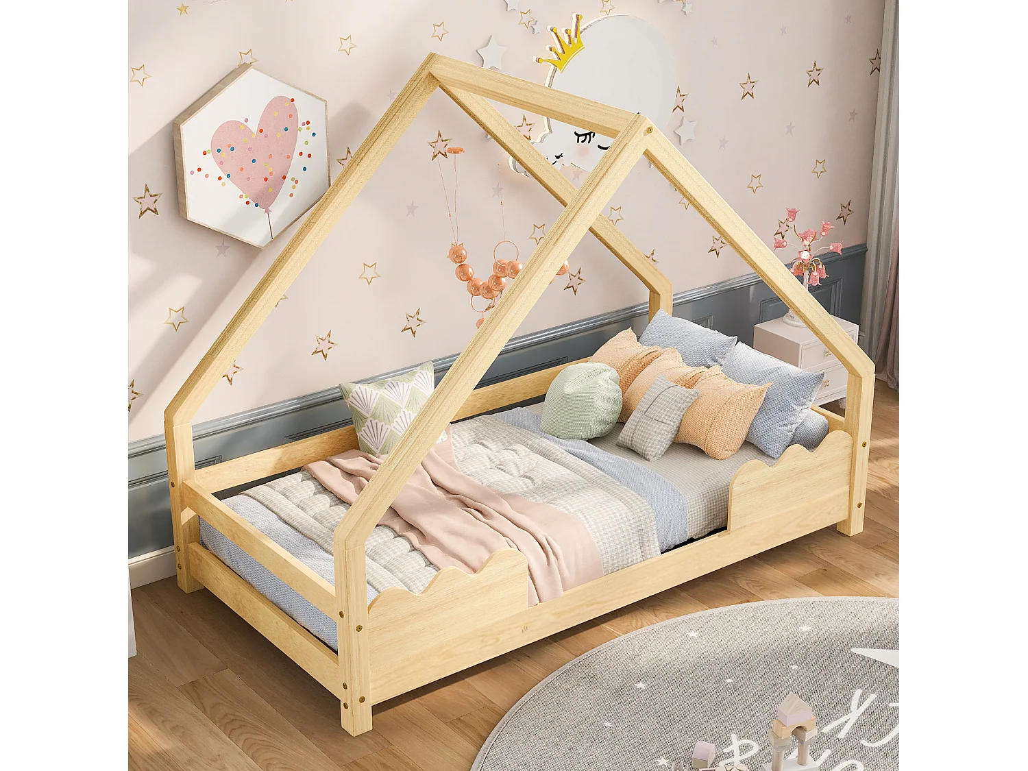 Kinderhuisbed 90x200 cm, met valbeveiliging, kinderbed, massief hout, naturel (90x200x181 cm)