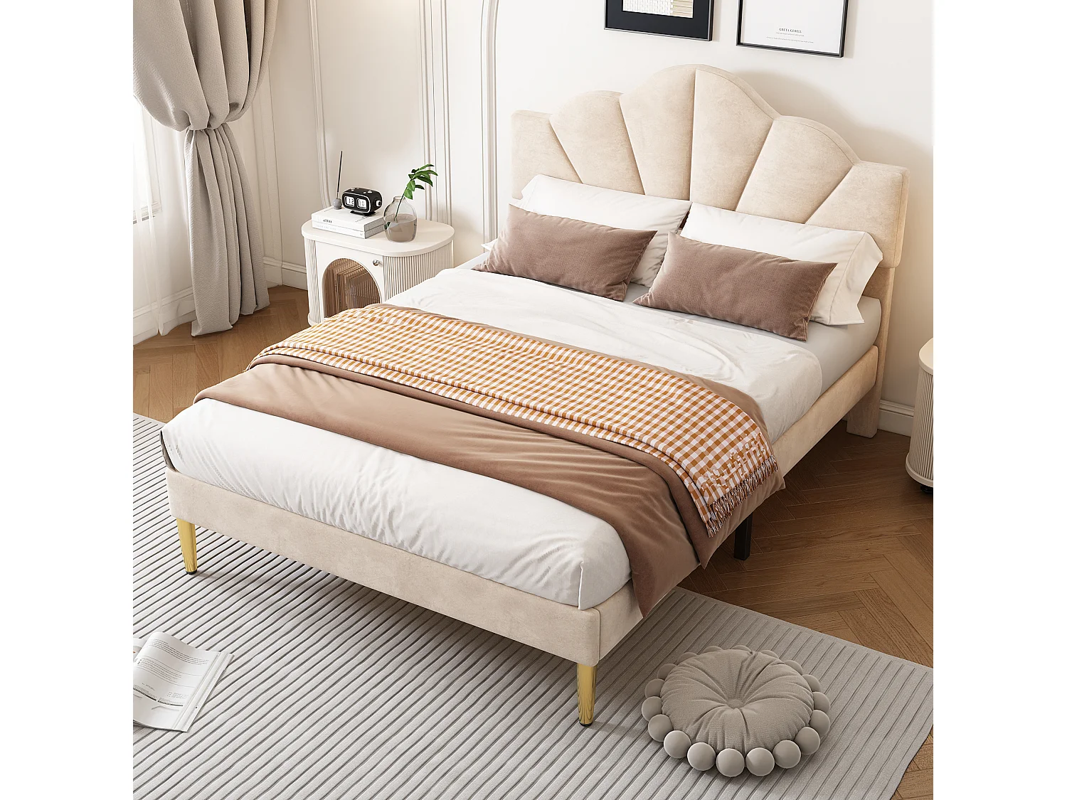 Cama de terciopelo 140x190 cm, cama doble con cabecero ajustable, patas de hierro dorado, somier de láminas de madera, color beige