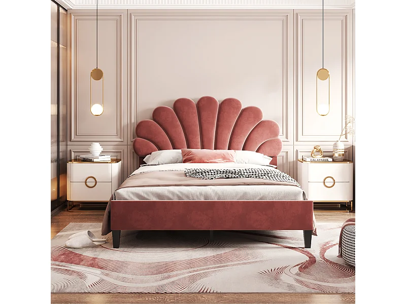Letto matrimoniale 140x200 cm, struttura con testiera a forma di fiore, in morbido velluto, rosso fagiolo, (206x100x110,5 cm)