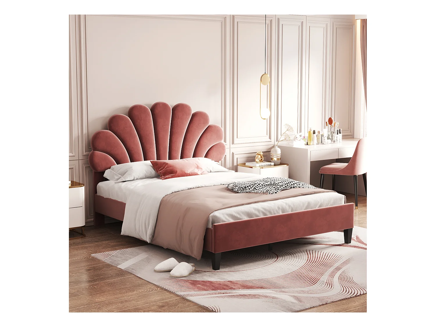 Letto matrimoniale 140x200 cm, struttura con testiera a forma di fiore, in morbido velluto, rosso fagiolo, (206x100x110,5 cm)