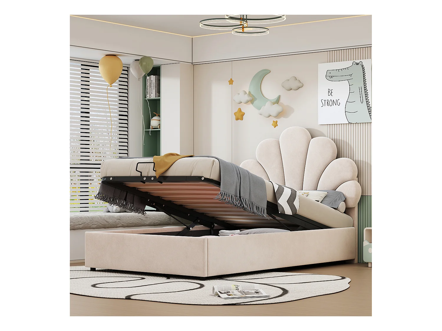 Letto per bambini 90x200 cm, testiera floreale, con rete a doghe e contenitore idraulico, tessuto in velluto beige (203x94x115 cm)