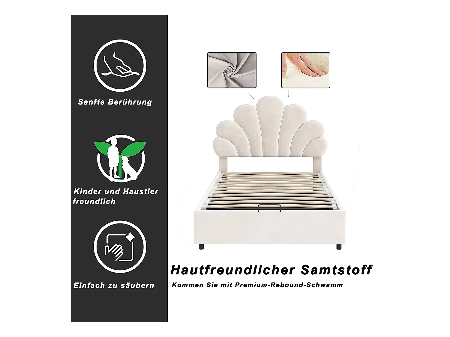 Letto per bambini 90x200 cm, testiera floreale, con rete a doghe e contenitore idraulico, tessuto in velluto beige (203x94x115 cm)