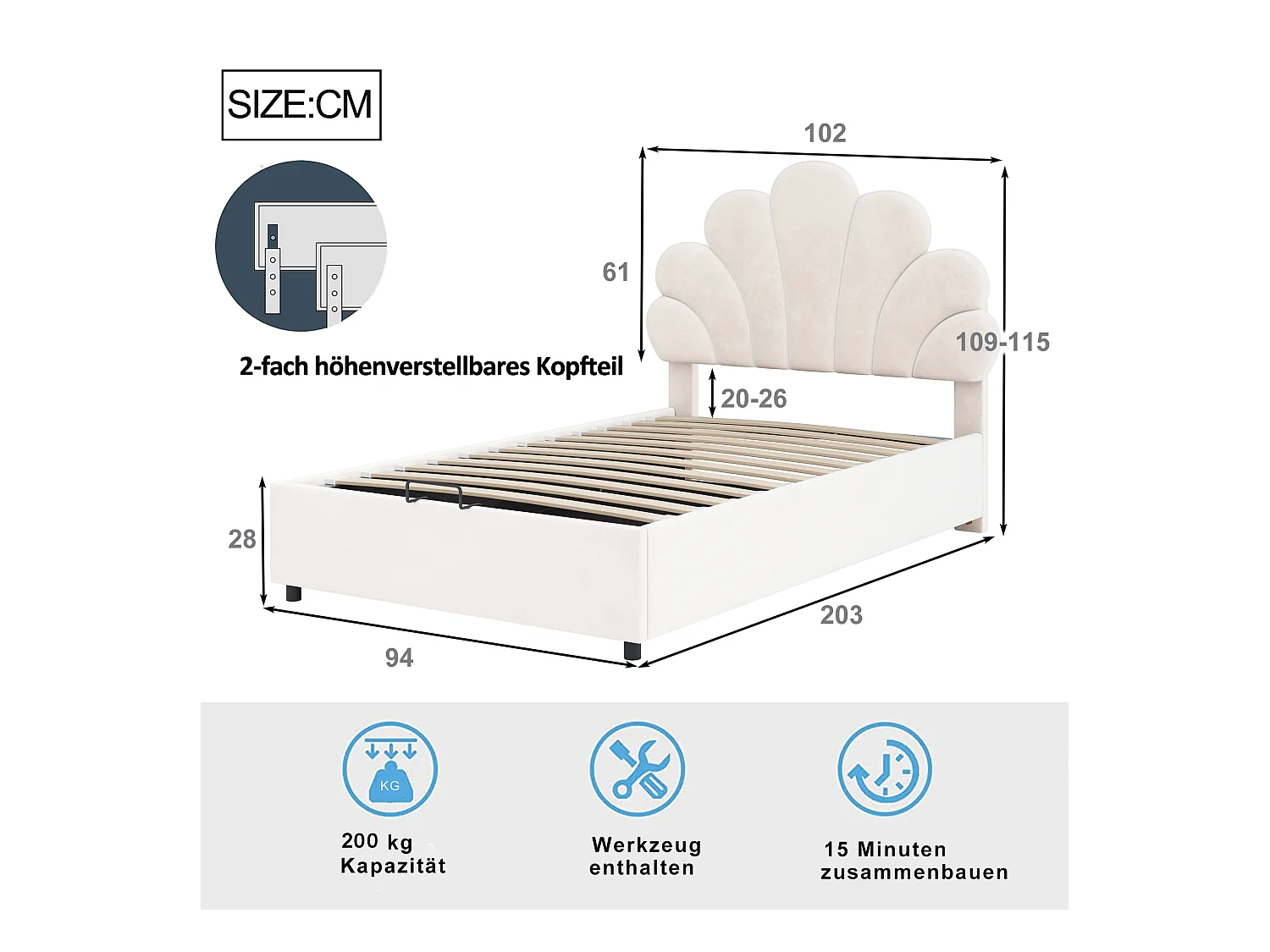 Letto per bambini 90x200 cm, testiera floreale, con rete a doghe e contenitore idraulico, tessuto in velluto beige (203x94x115 cm)