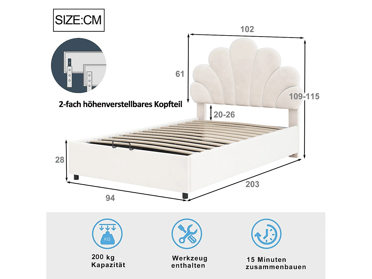 Lit enfant 90x200 cm, tête de lit fleurie, avec sommier à lattes et rangement hydraulique, tissu velours beige (203x94x115 cm)