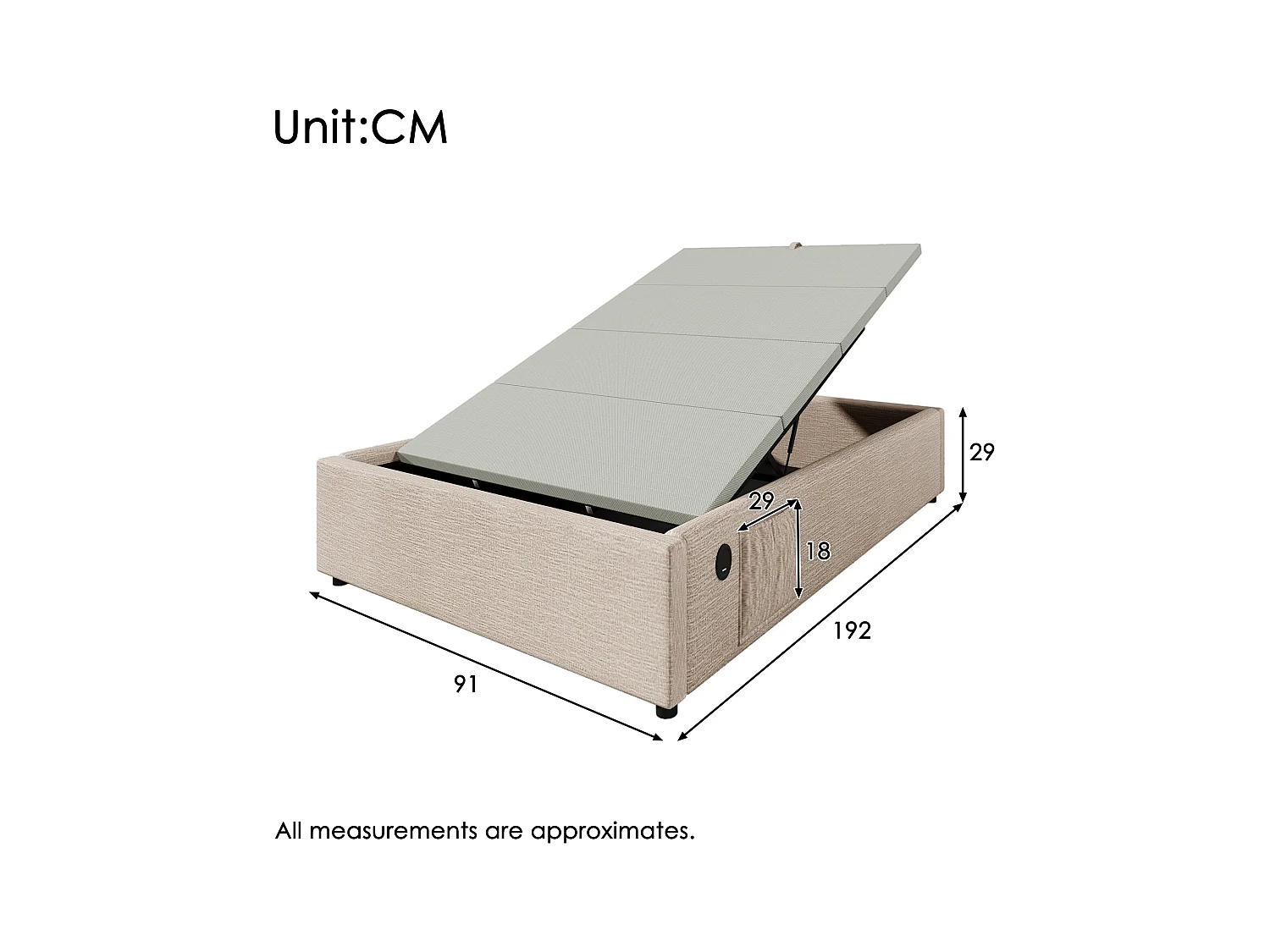 Cama individual 90x190 cm, estructura de cama con almacenaje hidráulico, USB y Tipo-C integrados, lino natural, sin cabecero (192x91x29 cm)