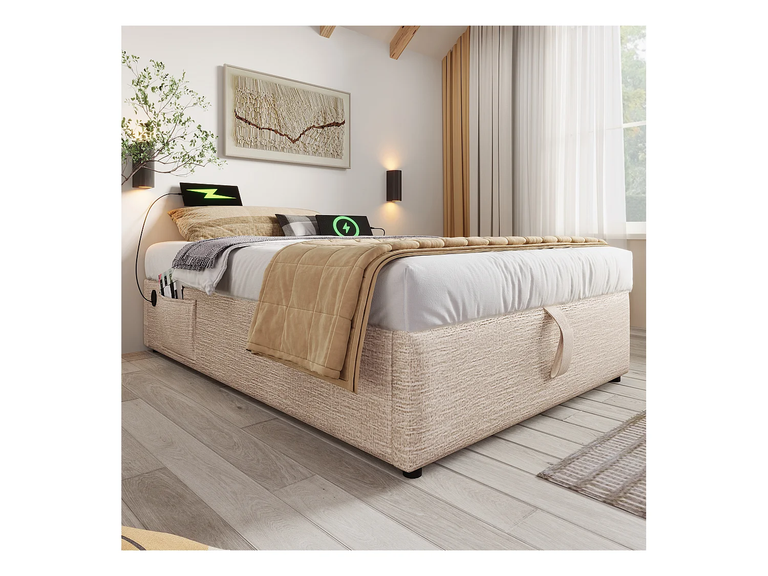 Cama individual 90x190 cm, estructura de cama con almacenaje hidráulico, USB y Tipo-C integrados, lino natural, sin cabecero (192x91x29 cm)