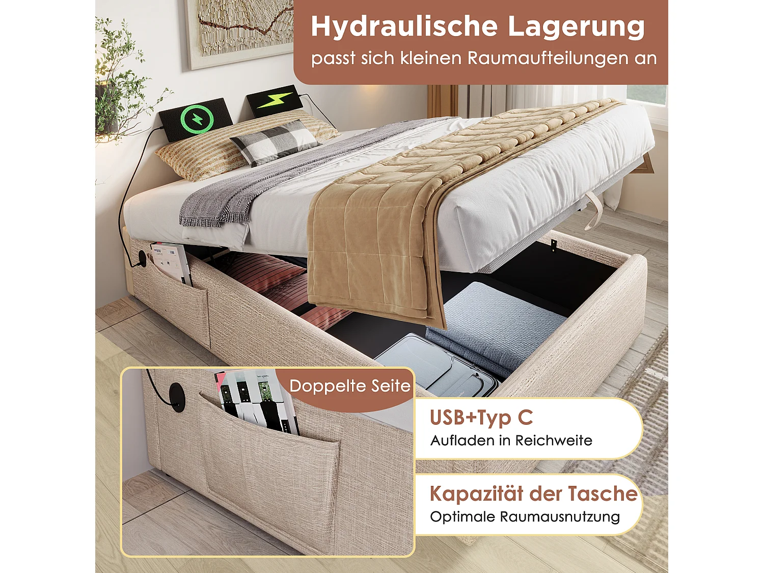 Lit simple 90x190 cm, cadre de lit avec rangement hydraulique, USB et Type-C intégré, lin naturel, sans tête de lit (192x91x29 cm)