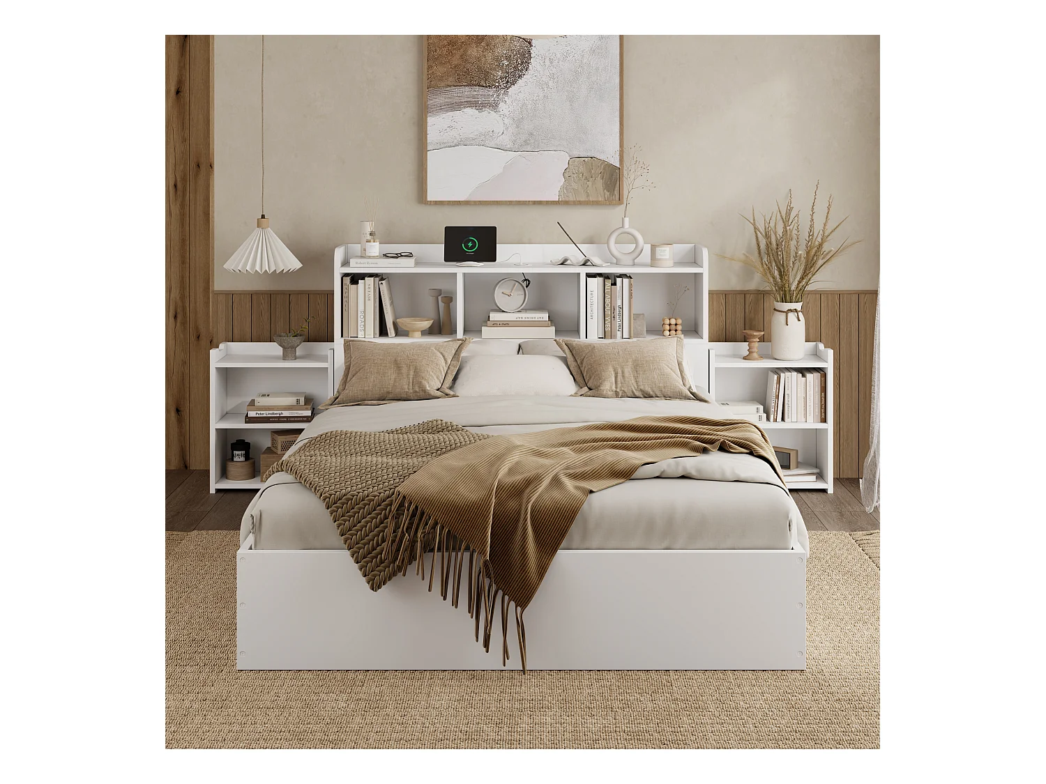 Lit 140x200 cm, avec Lattenrost et Tête de lit, 2 Tables de chevet extensibles, Fonction de charge pour téléphone, MDF, Blanc (140x200x100.5 cm)