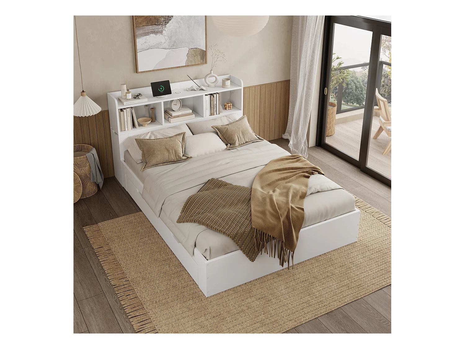 Lit 140x200 cm, avec Lattenrost et Tête de lit, 2 Tables de chevet extensibles, Fonction de charge pour téléphone, MDF, Blanc (140x200x100.5 cm)