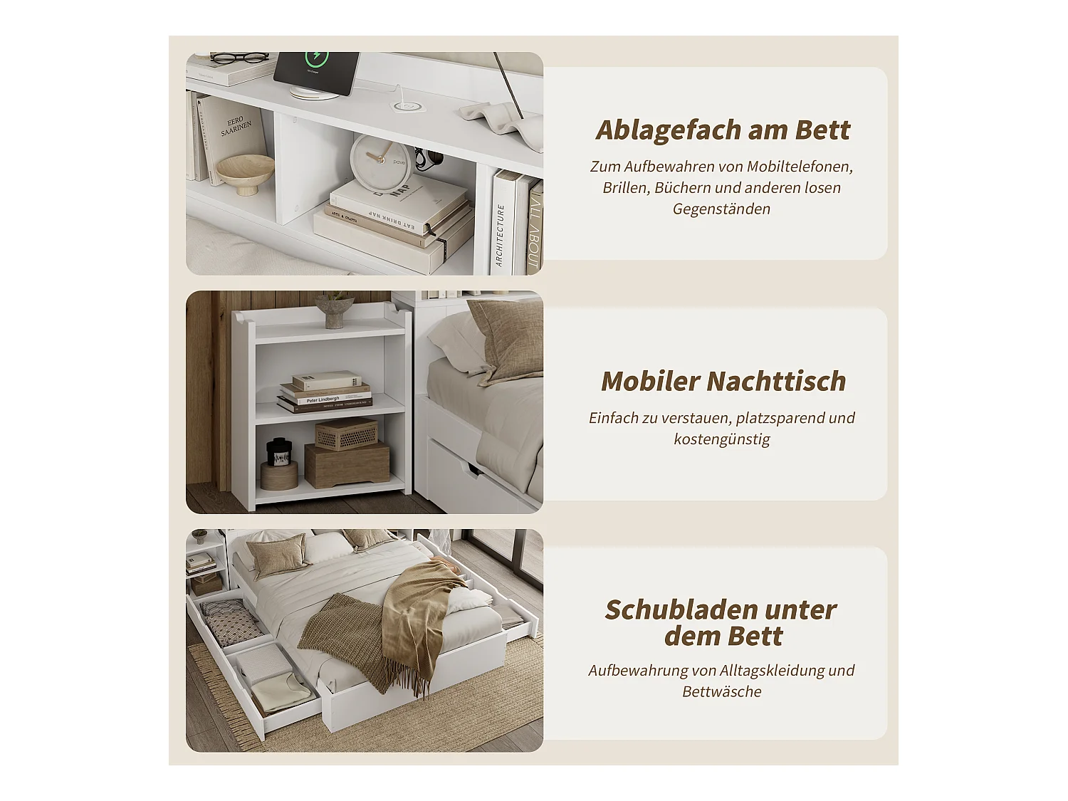 Lit 140x200 cm, avec Lattenrost et Tête de lit, 2 Tables de chevet extensibles, Fonction de charge pour téléphone, MDF, Blanc (140x200x100.5 cm)