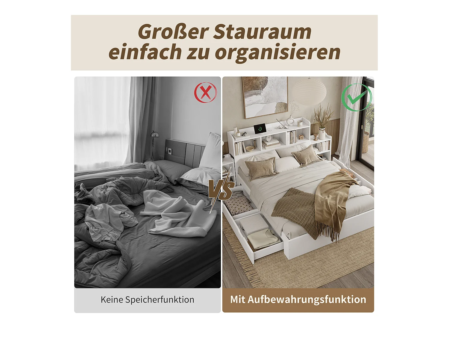 Lit 140x200 cm, avec Lattenrost et Tête de lit, 2 Tables de chevet extensibles, Fonction de charge pour téléphone, MDF, Blanc (140x200x100.5 cm)