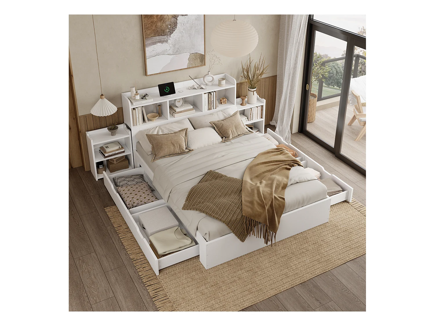 Lit 140x200 cm, avec Lattenrost et Tête de lit, 2 Tables de chevet extensibles, Fonction de charge pour téléphone, MDF, Blanc (140x200x100.5 cm)