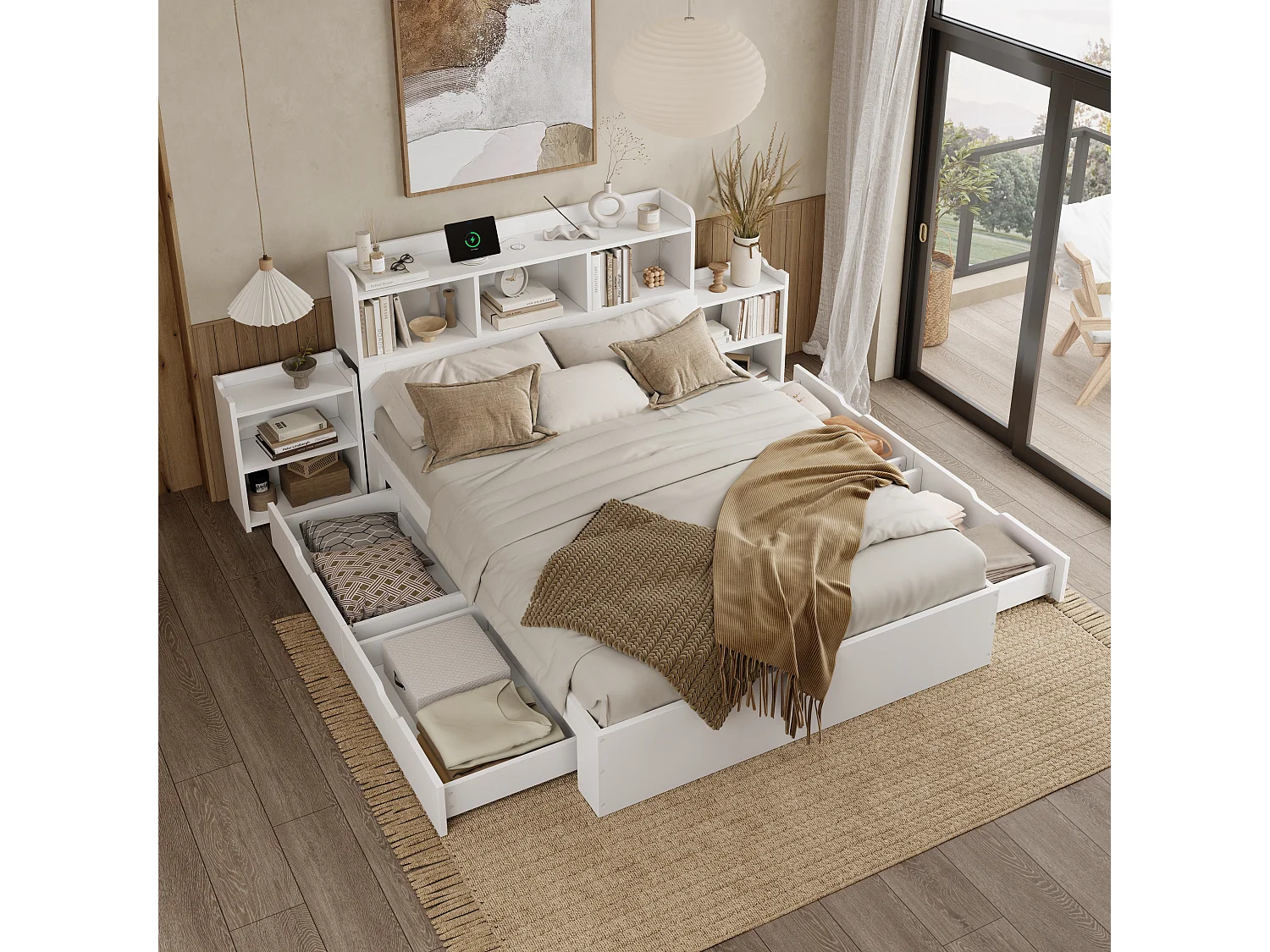 Lit 140x200 cm, avec Lattenrost et Tête de lit, 2 Tables de chevet extensibles, Fonction de charge pour téléphone, MDF, Blanc (140x200x100.5 cm)