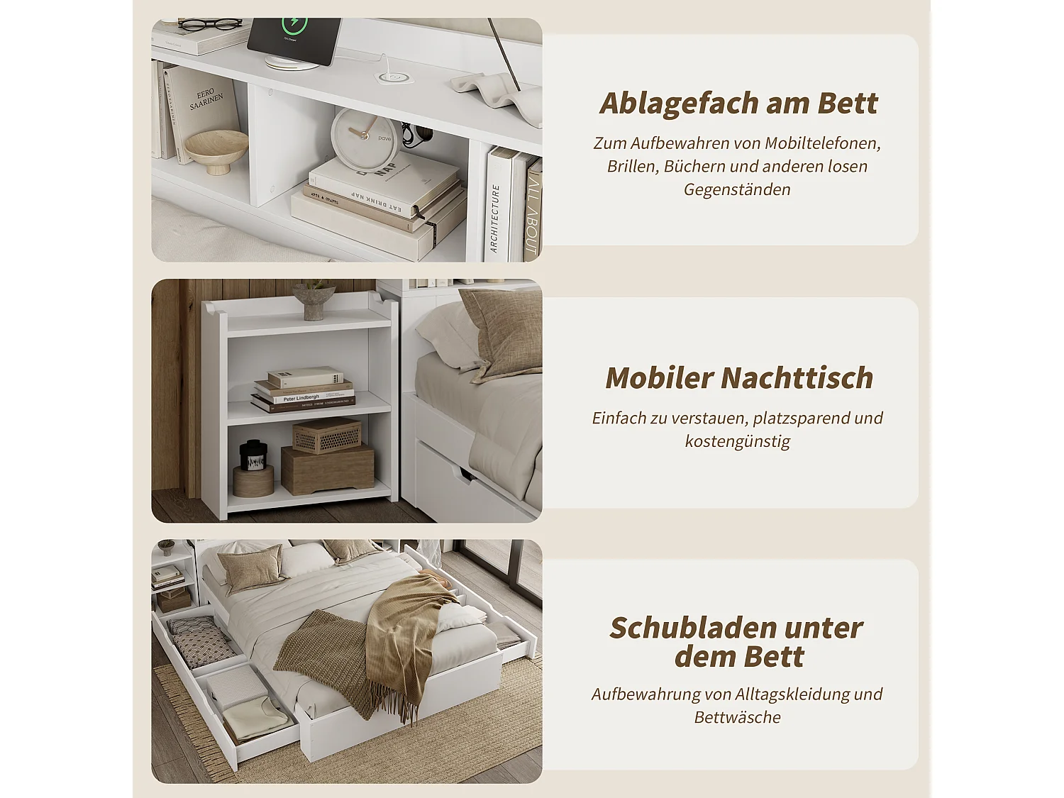 Lit 140x200 cm, avec Lattenrost et Tête de lit, 2 Tables de chevet extensibles, Fonction de charge pour téléphone, MDF, Blanc (140x200x100.5 cm)