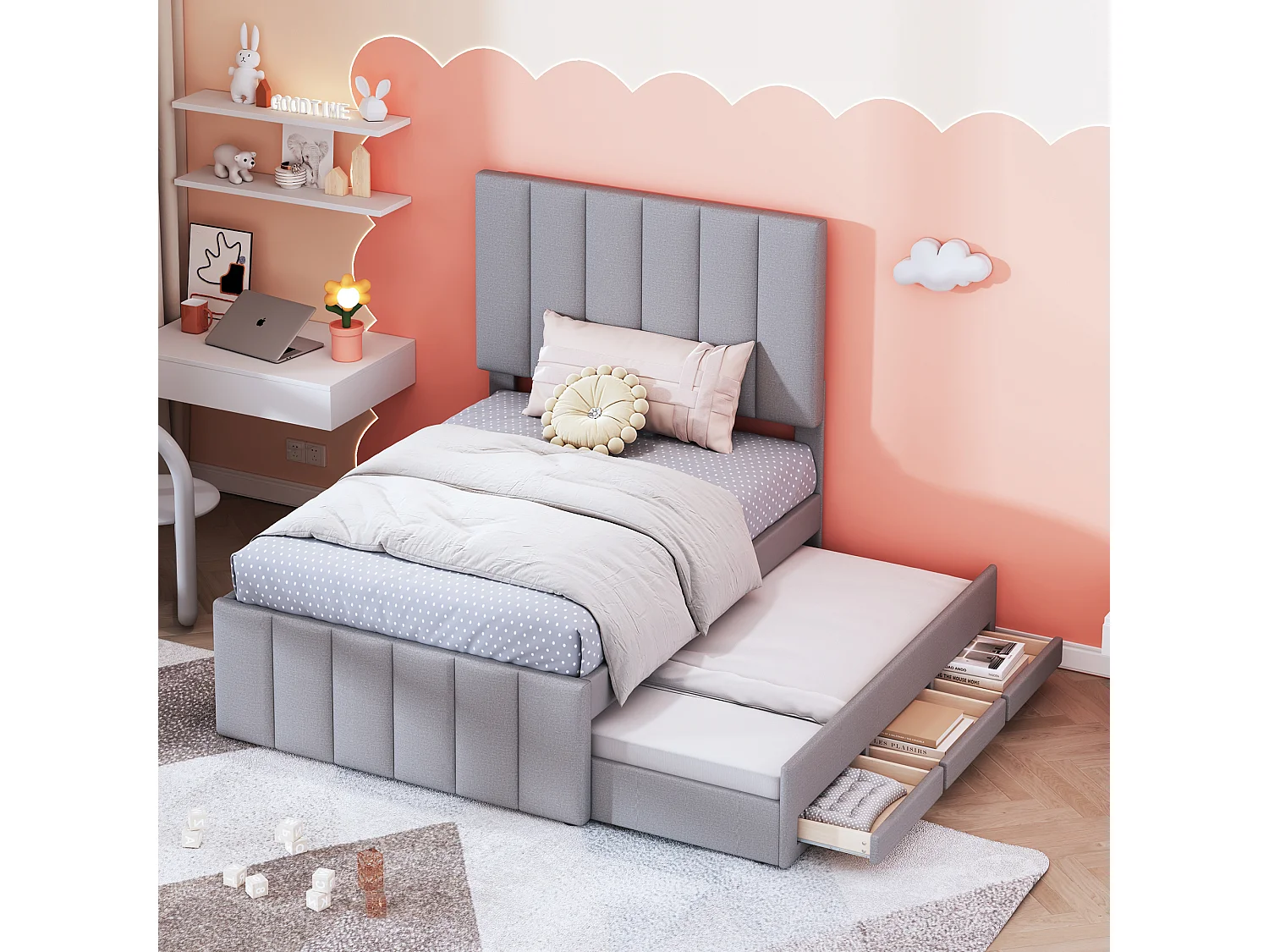 Cama nido infantil con cajones de almacenaje, cabecero regulable, tapizado de lino gris, cama individual multifuncional (204x90x118 cm)