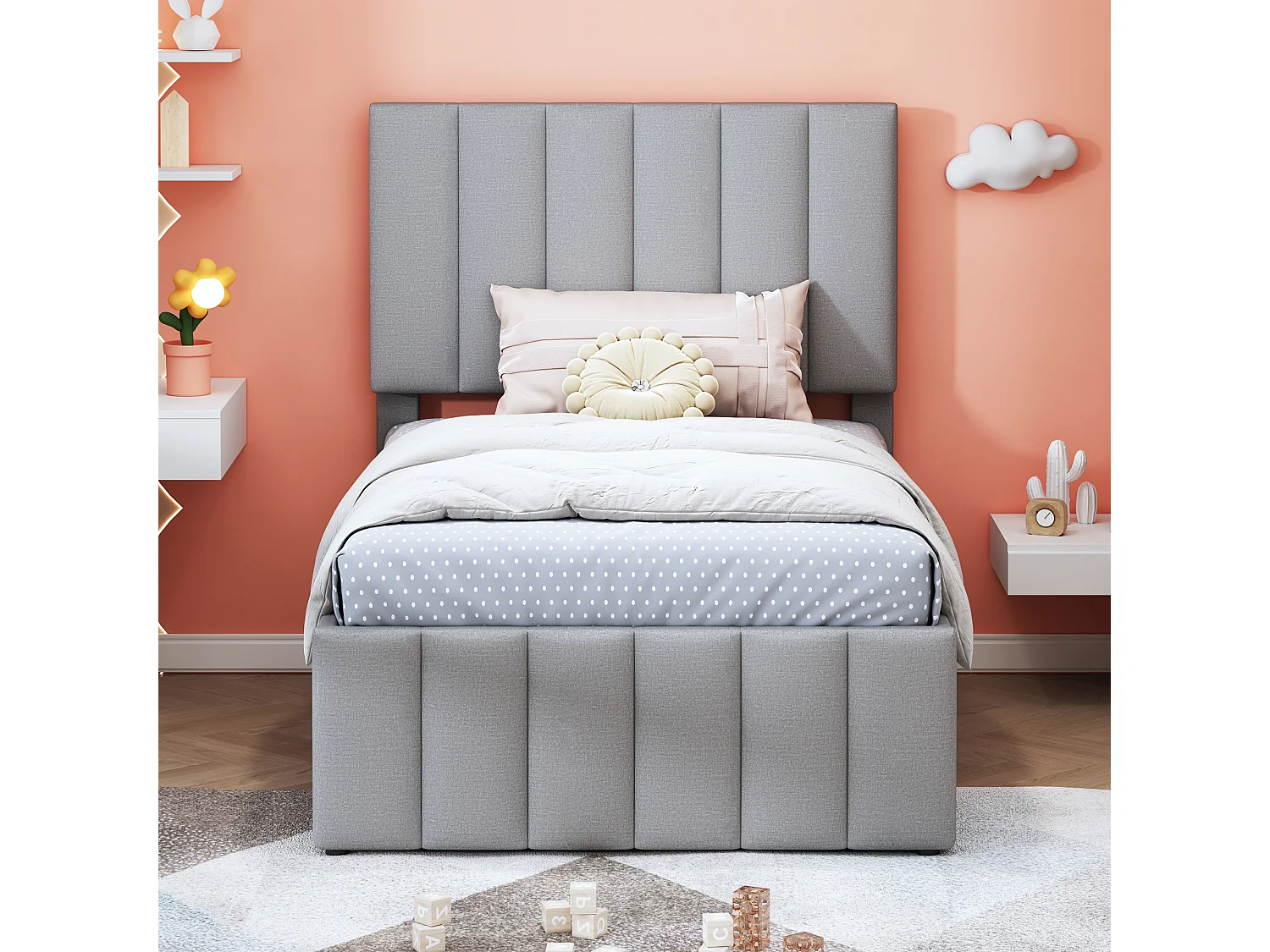 Cama nido infantil con cajones de almacenaje, cabecero regulable, tapizado de lino gris, cama individual multifuncional (204x90x118 cm)