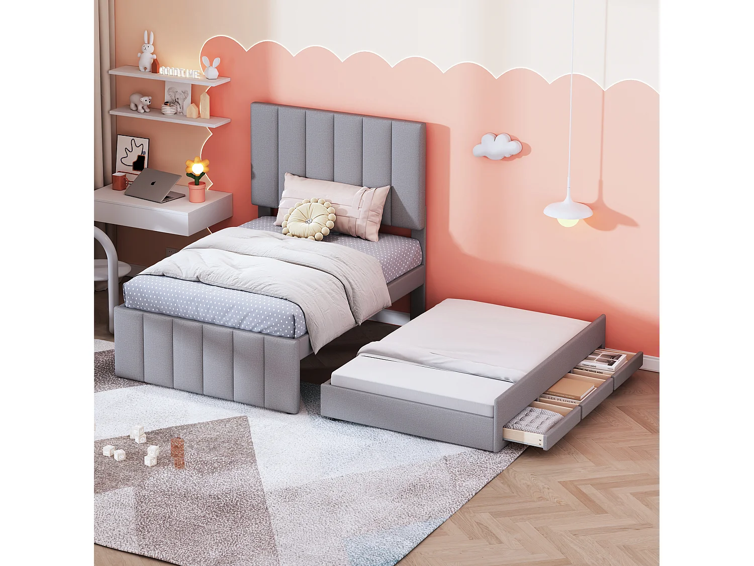 Cama nido infantil con cajones de almacenaje, cabecero regulable, tapizado de lino gris, cama individual multifuncional (204x90x118 cm)