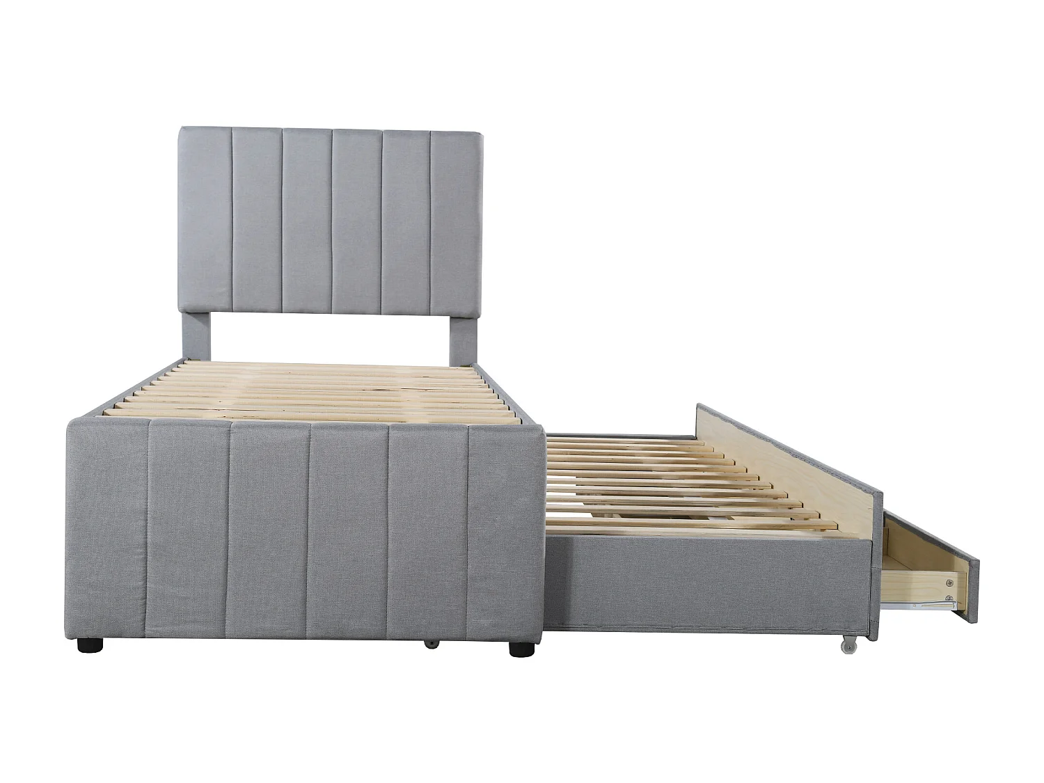 Cama nido infantil con cajones de almacenaje, cabecero regulable, tapizado de lino gris, cama individual multifuncional (204x90x118 cm)