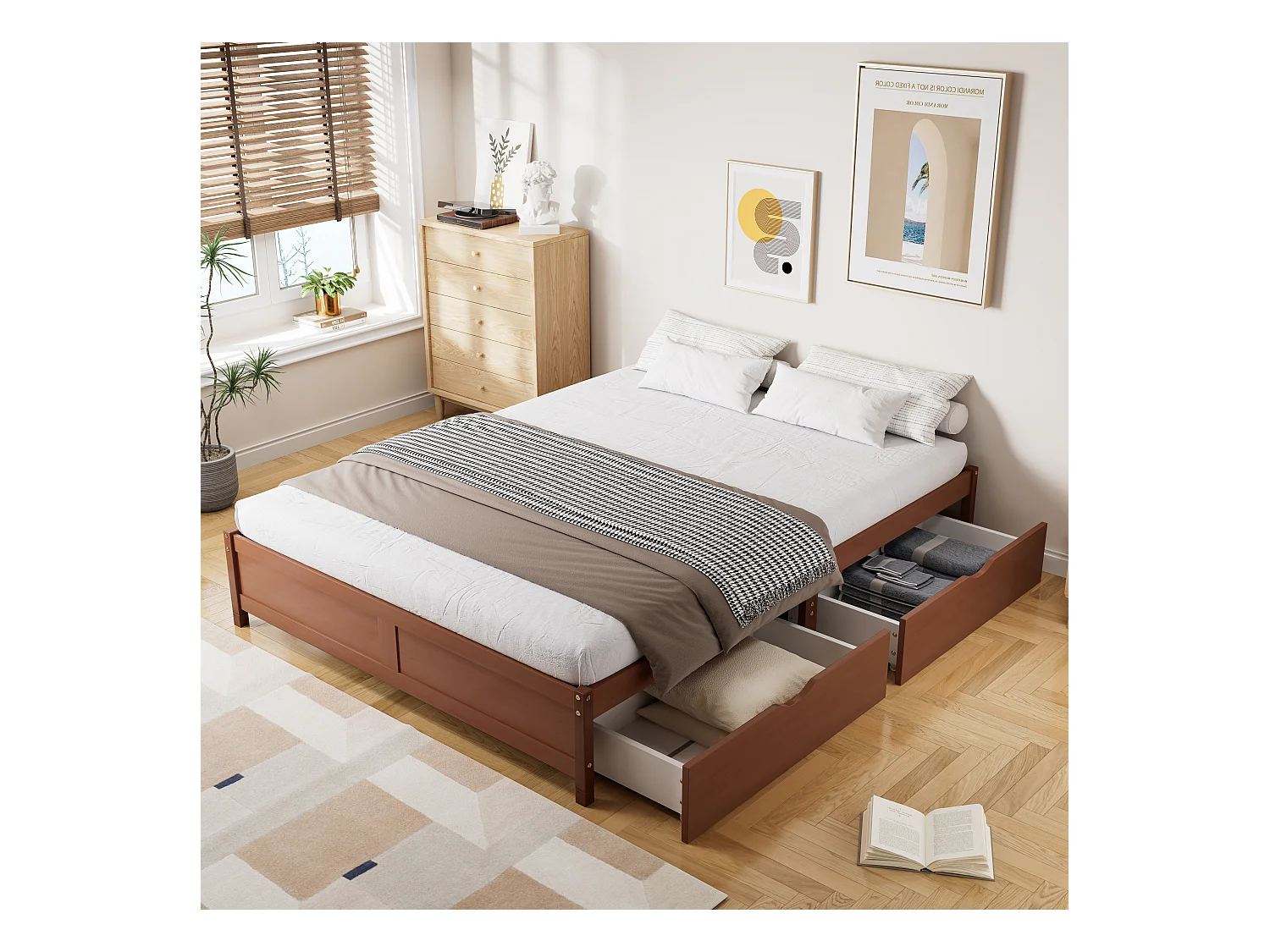 Lit enfant avec tiroirs de rangement, bois massif, design vintage, Pin + MDF, Rouge-brun, 140x200cm