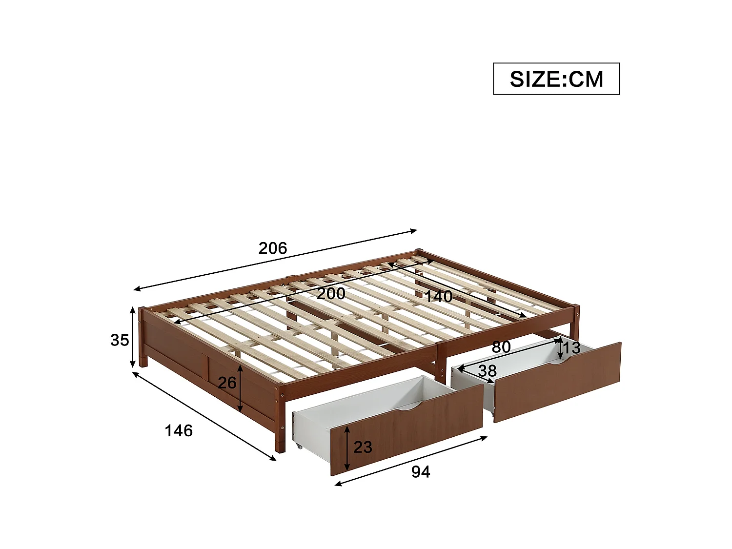 Lit enfant avec tiroirs de rangement, bois massif, design vintage, Pin + MDF, Rouge-brun, 140x200cm