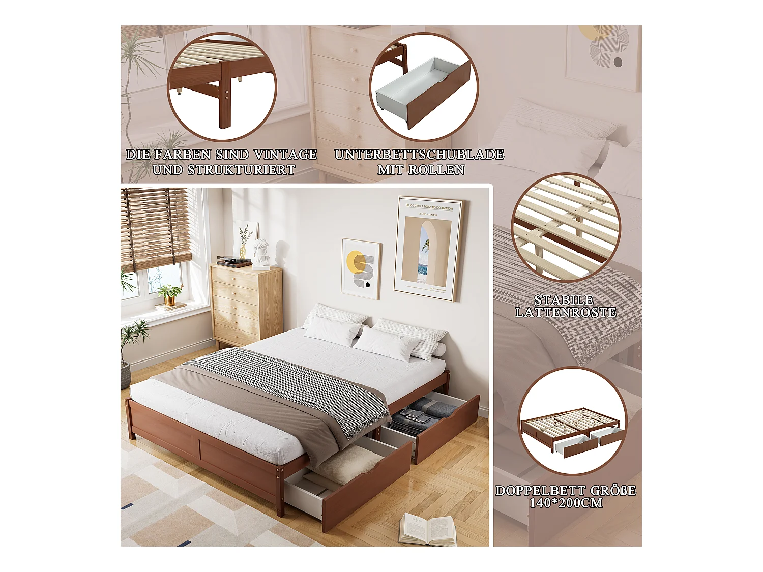 Lit enfant avec tiroirs de rangement, bois massif, design vintage, Pin + MDF, Rouge-brun, 140x200cm