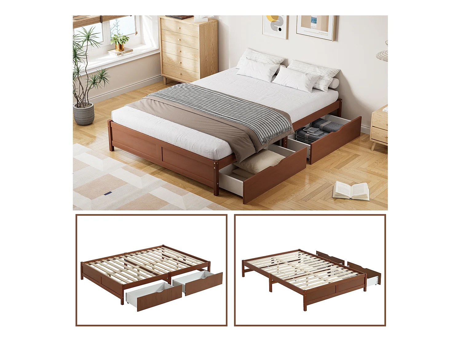 Lit enfant avec tiroirs de rangement, bois massif, design vintage, Pin + MDF, Rouge-brun, 140x200cm