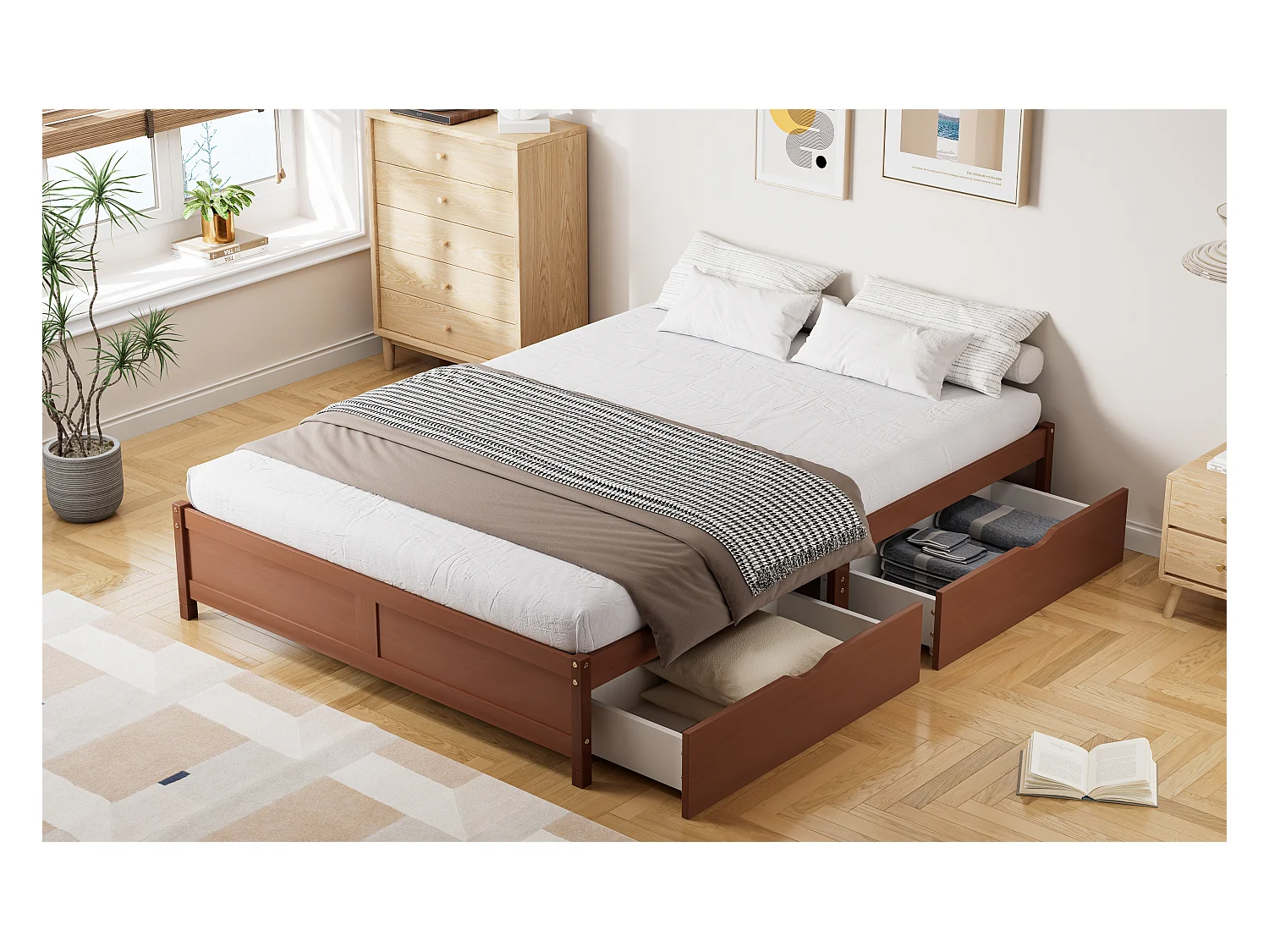 Lit enfant avec tiroirs de rangement, bois massif, design vintage, Pin + MDF, Rouge-brun, 140x200cm