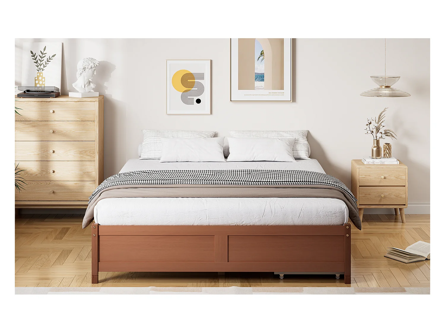 Lit enfant avec tiroirs de rangement, bois massif, design vintage, Pin + MDF, Rouge-brun, 140x200cm