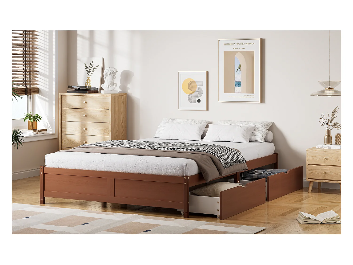 Lit enfant avec tiroirs de rangement, bois massif, design vintage, Pin + MDF, Rouge-brun, 140x200cm