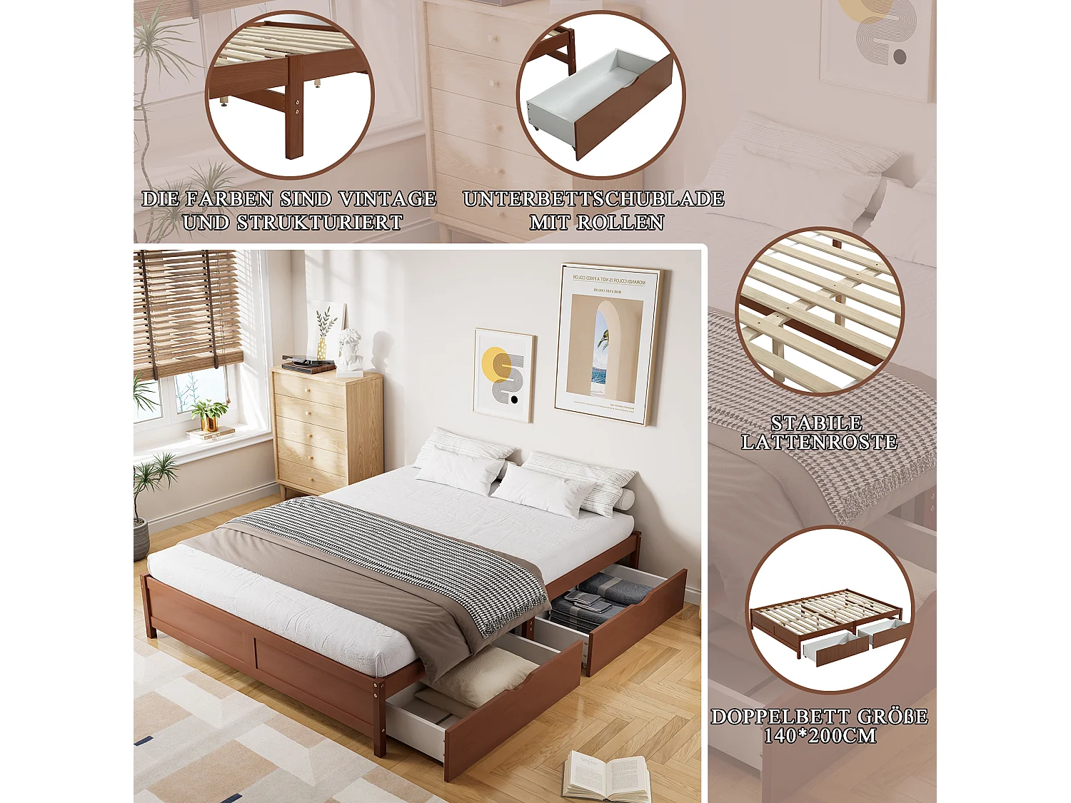 Lit enfant avec tiroirs de rangement, bois massif, design vintage, Pin + MDF, Rouge-brun, 140x200cm