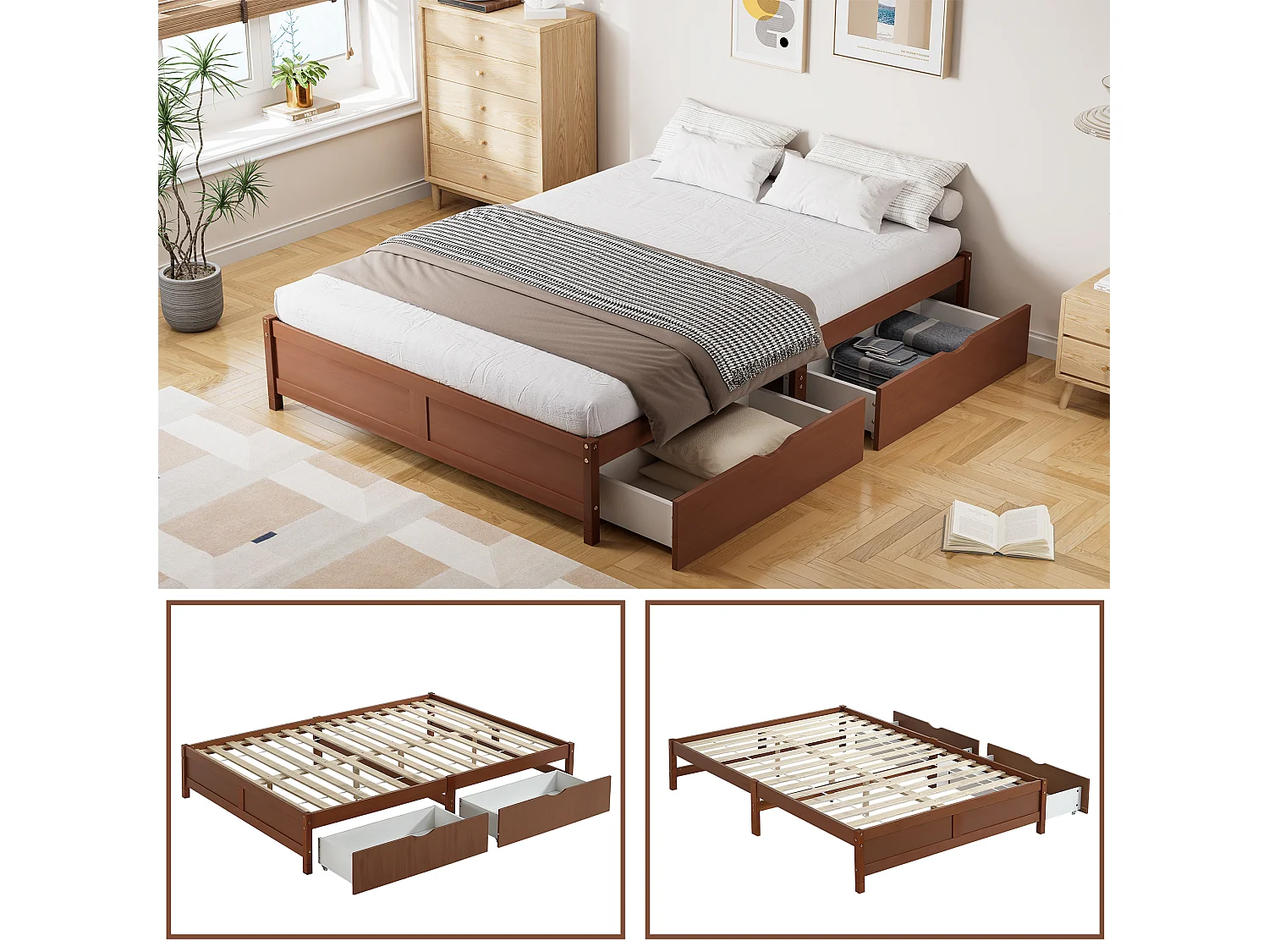 Lit enfant avec tiroirs de rangement, bois massif, design vintage, Pin + MDF, Rouge-brun, 140x200cm