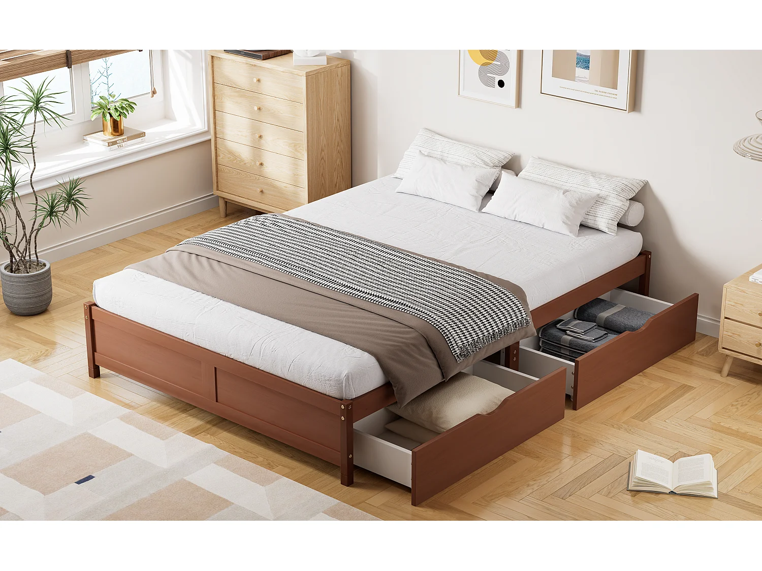 Lit enfant avec tiroirs de rangement, bois massif, design vintage, Pin + MDF, Rouge-brun, 140x200cm