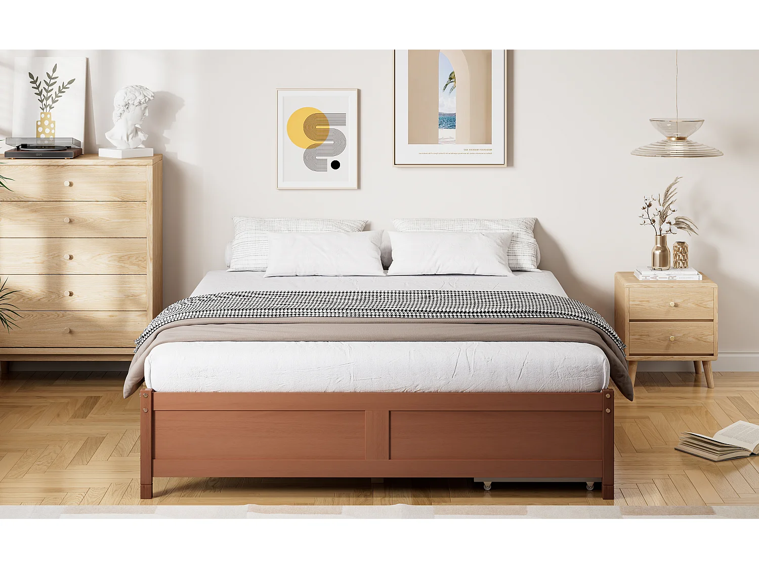 Lit enfant avec tiroirs de rangement, bois massif, design vintage, Pin + MDF, Rouge-brun, 140x200cm