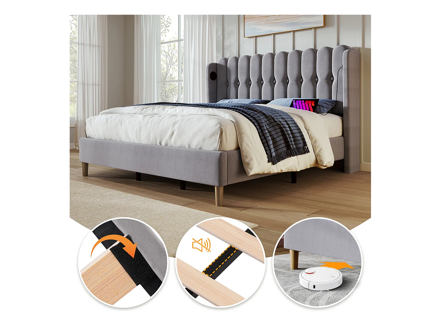 Letto matrimoniale con funzione di ricarica USB Type C, struttura in lino grigio, base in legno, 180x208x103cm